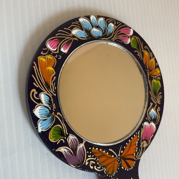 Hand-Painted Mexican Wooden Mirror –  Floral and Butterfly  Design - Picture 3 of 5